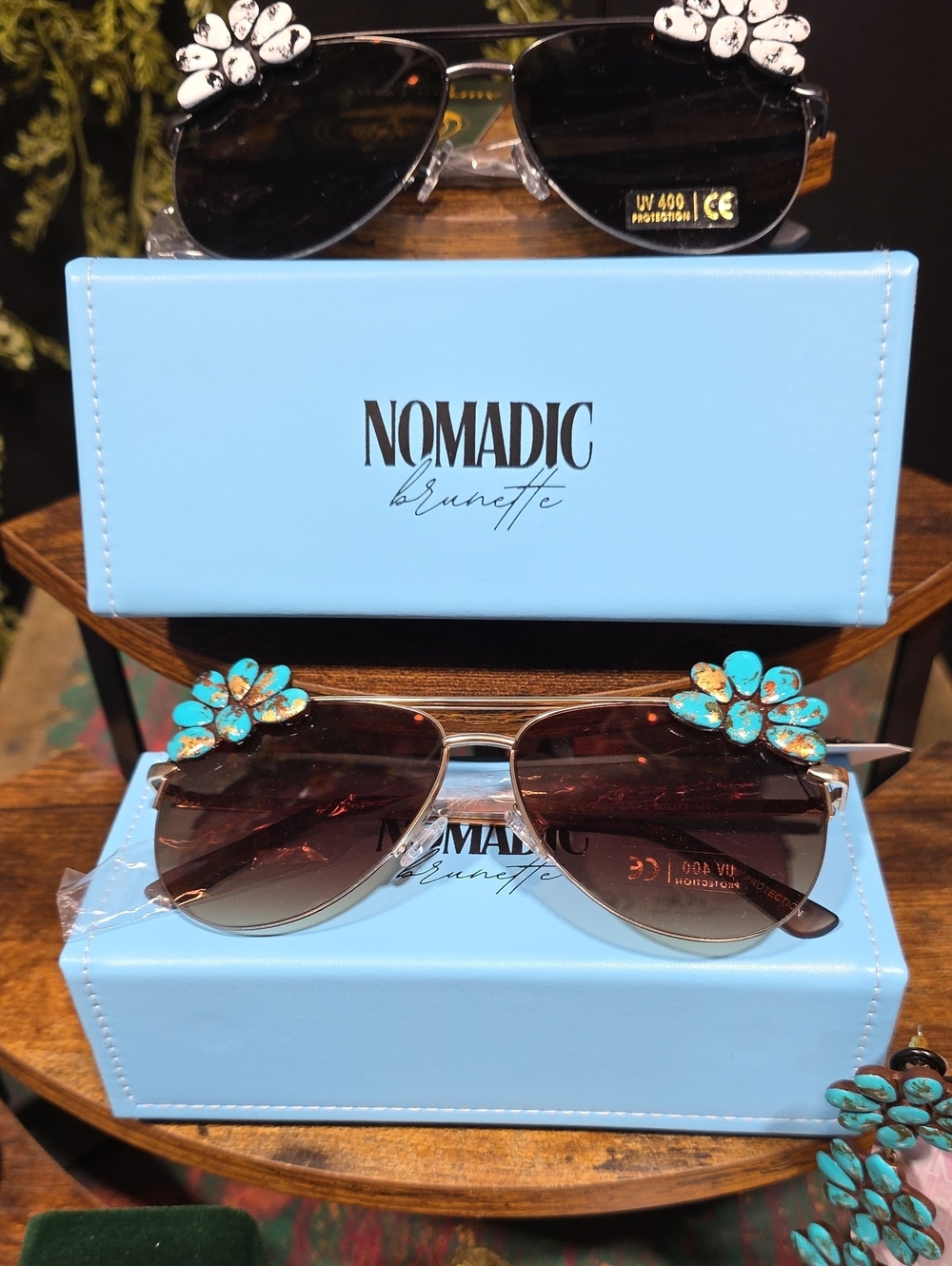 Artisan Turquoise Floral Aviator Sunglasses with Brown Lenses